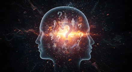 Mind's Dilemma: An artistic representation of two human profiles merges seamlessly with a vibrant explosion of thoughts, ideas, and a central question mark.