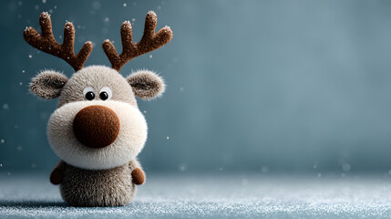 Cute fluffy toy rabbit with reindeer horns and a carrot-shaped nose sitting next to a tiny decorated Christmas tree, isolated on a white background