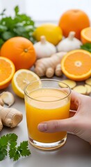 Fototapeta premium A refreshing and vibrant image of a healthy drink, featuring oranges, lemons, ginger, and a hand holding a glass, promoting wellness and a healthy lifestyle, perfect for health and nutrition content.