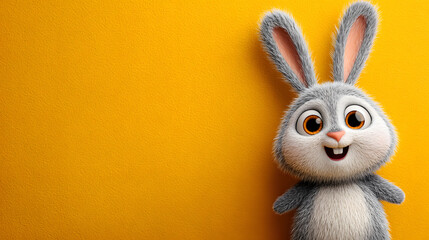 A happy cartoon easter bunny with long ears and a fluffy pink tail on a rustic wooden table