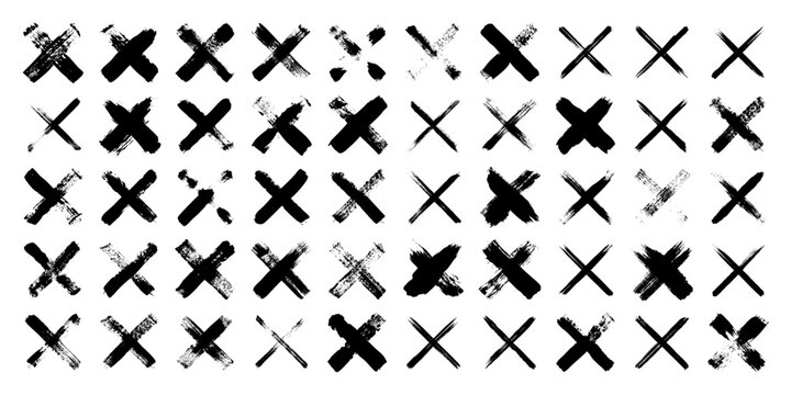 Grunge crosses, brush strokes, x mark, lines, ink smudges, hand-drawn scribble shapes. Handmade sketchy marks, acrylic stains, charcoal streaks. Paint textures, dry brush effect. Vector illustration