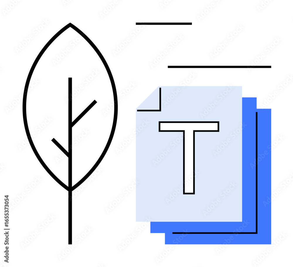 Poster outline of a leaf next to stacked documents with text elements, combining nature and technology. ide