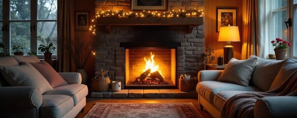 Cozy living room scene featuring a crackling fireplace, soft blankets, and warm lighting, perfect for relaxation and comfort , evening, peaceful