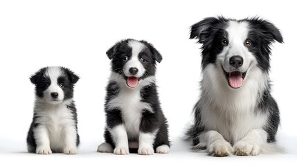 Fototapeta premium Growth sequence of a black and white Border Collie from a fluffy puppy to a happy mature adult dog.