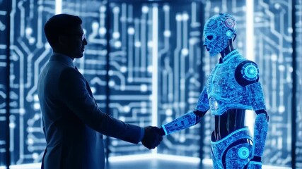 Businessman and glowing robot shaking hands in futuristic setting - Powered by Adobe