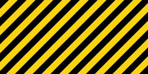 Warning sign with yellow and black diagonal lines. Attention, danger or caution symbol. Construction site signage, road safety notice, hazard banner, security alert shield. Vector illustration