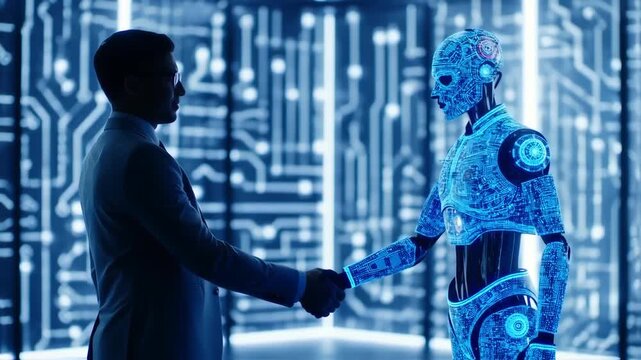 Businessman and glowing robot shaking hands in futuristic setting