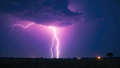 Dramatic shot of a powerful lightning bolt striking during a summer thunderstorm, illuminating the dark sky The raw power of nature is on full display , night, spectacular