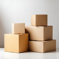 Fototapeta premium Stack of various-sized cardboard boxes on a white surface against a light grey backdrop, illuminated by soft, diffused light