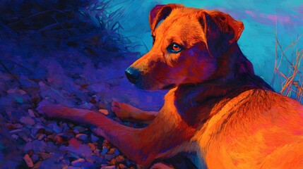 Watchful orange dog with bright amber eyes in a vibrant painterly style with dramatic blue and purple shadows.