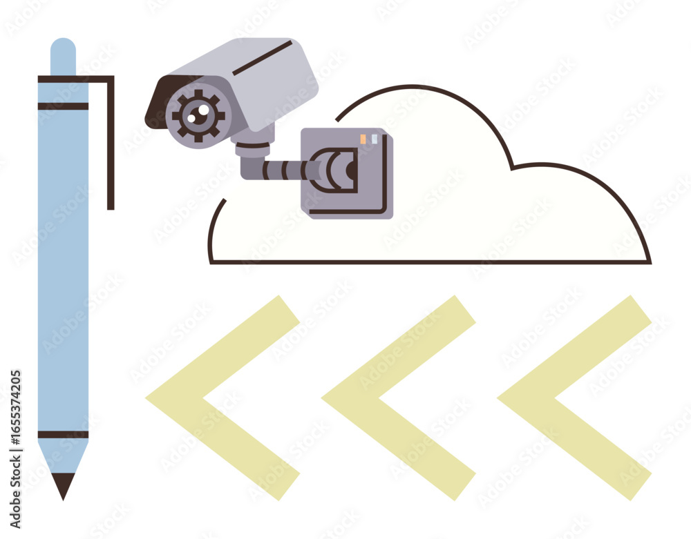 Aufkleber security camera linked to cloud storage with a pen and arrows symbolizing data recording, monitoring