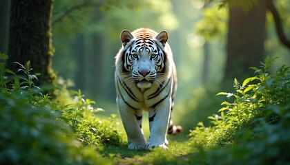 Majestic white tiger strides through rich green forest, piercing blue eyes fixed on camera. Powerful predator walks with grace, embodying wild beauty, conservation importance for rare endangered