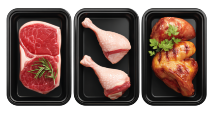 Meat food. Beef, pork, chicken legs. Black polystyrene packaging. 3d vector realistic set. High quality 50Mb eps on white background