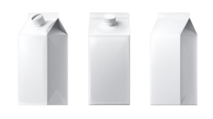 Milk and juice pack. Realistic carton package isolated, white box template for dairy product. Blank packaging for milk or juice on transparent background