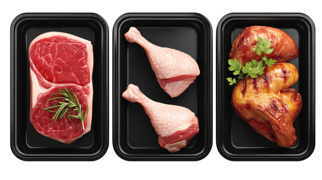 Meat food. Beef, pork, chicken legs. Black polystyrene packaging. 3d vector realistic set. High quality 50Mb eps on white background