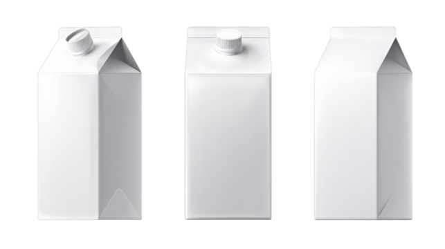 Milk and juice pack. Realistic carton package isolated, white box template for dairy product. Blank packaging for milk or juice on transparent background