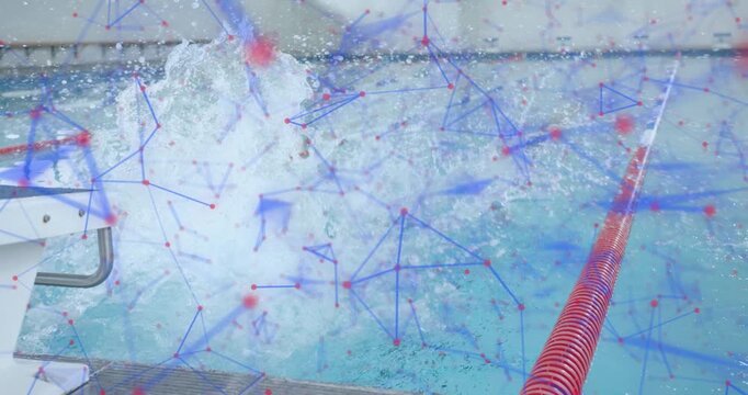 Male swimmer pulling handles at block edge and launching backstroke with animated metric overlay