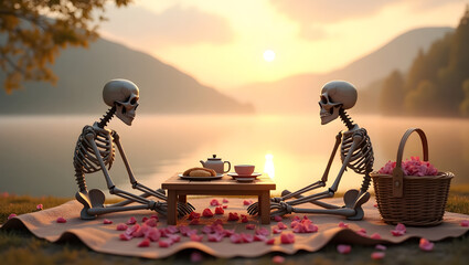 Romantic Skeletons Enjoying Sunset Picnic with Tea and Flowers