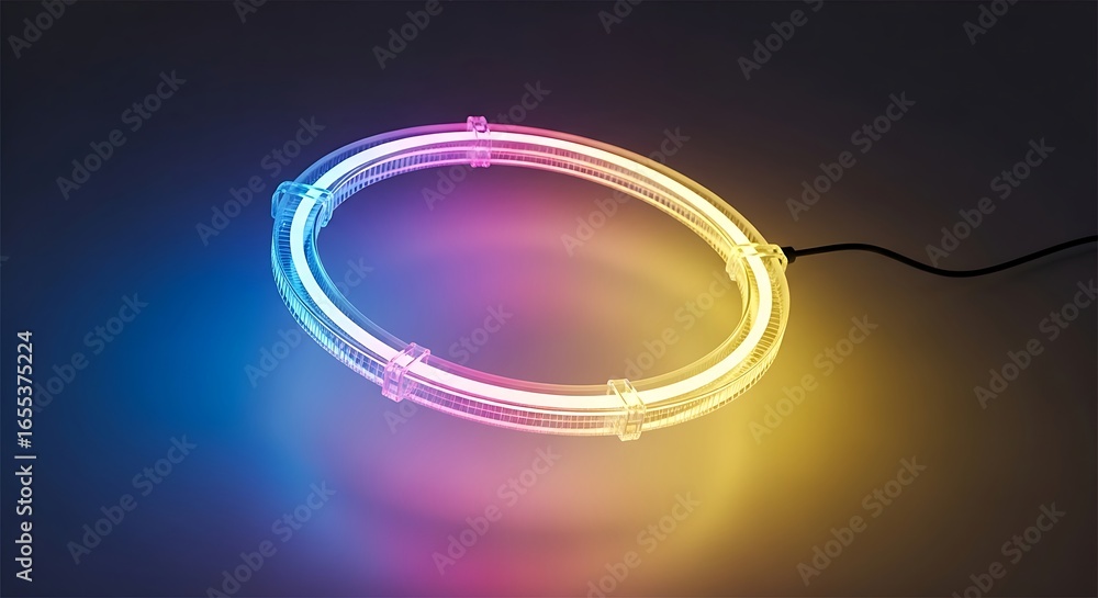 Poster vibrant circular led light ring with dynamic gradient color glow on dark background.