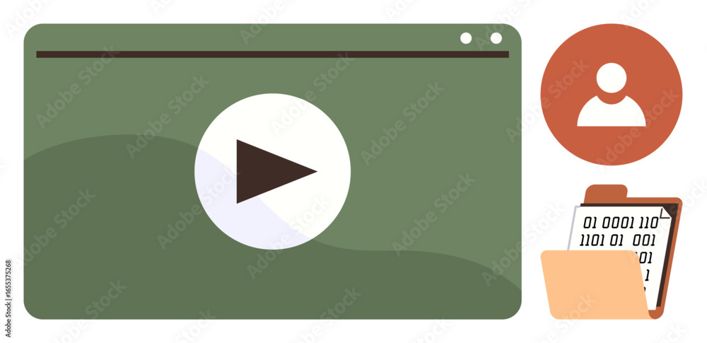 Poster media playback screen with play button, user profile icon, and folder containing binary data. ideal 