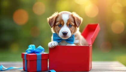 Adorable fluffy puppy with blue bow tie inside red gift box. Festive celebration with bokeh lights creates heartwarming scene. Charming pet, furry friend, joyous occasion, special surprise.