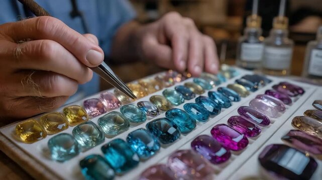 Under specialised lighting, an expert evaluates several vibrant diamonds on a white tray, determining their brilliance and flaws in order to certify them.