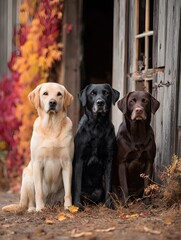 A trio of yellow black and chocolate Labrador Retrievers sitting patiently together.