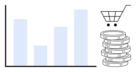 Naklejka premium Bar graph showing data trends beside stacks of coins and shopping cart, representing revenue, sales, and market analysis. Ideal for business, e-commerce, finance, investment, growth marketing