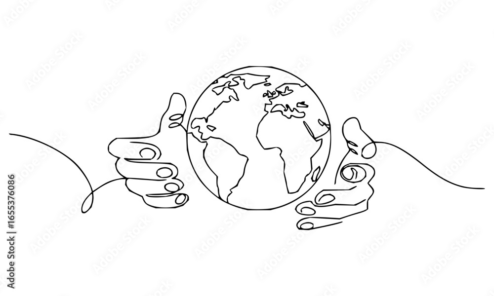 Poster continuous line drawing of hands holding a globe representing earth and global connection concept ar