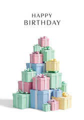 A tall stack of colorful pastel birthday gift boxes with ribbons and bows on a white background