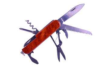 Versatile red-handled Swiss army knife with multiple tools including blade, scissors, corkscrew and opener, isolated on white background. Ideal for camping, hiking and survival.