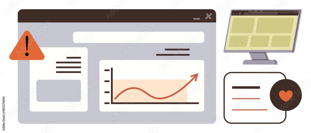 Poster web dashboard with line graph, alert icon, and screen interface. ideal for data analysis, management