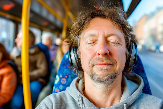 Middle aged man with headphones relaxing on city bus