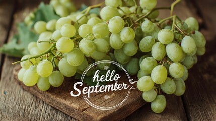 Fresh Green Grape Bunch on Wooden Surface with Hello September Text