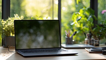 Sunlit laptop on wooden desk near window, surrounded by lush greenery and office supplies; blurred background