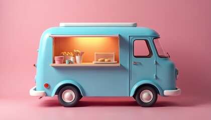 Pastel blue food truck with open serving window displays donuts, baked goods. Retro-style vehicle offers mobile catering services. Vibrant illustration with pink background, perfect for summer food