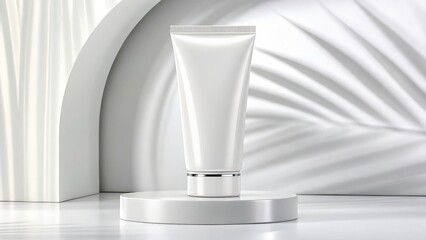 White tube of makeup sits on a white pedestal. for mockup design