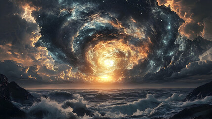 Fototapeta premium Celestial vortex over ocean with dramatic clouds and light creating a surreal landscape view scene