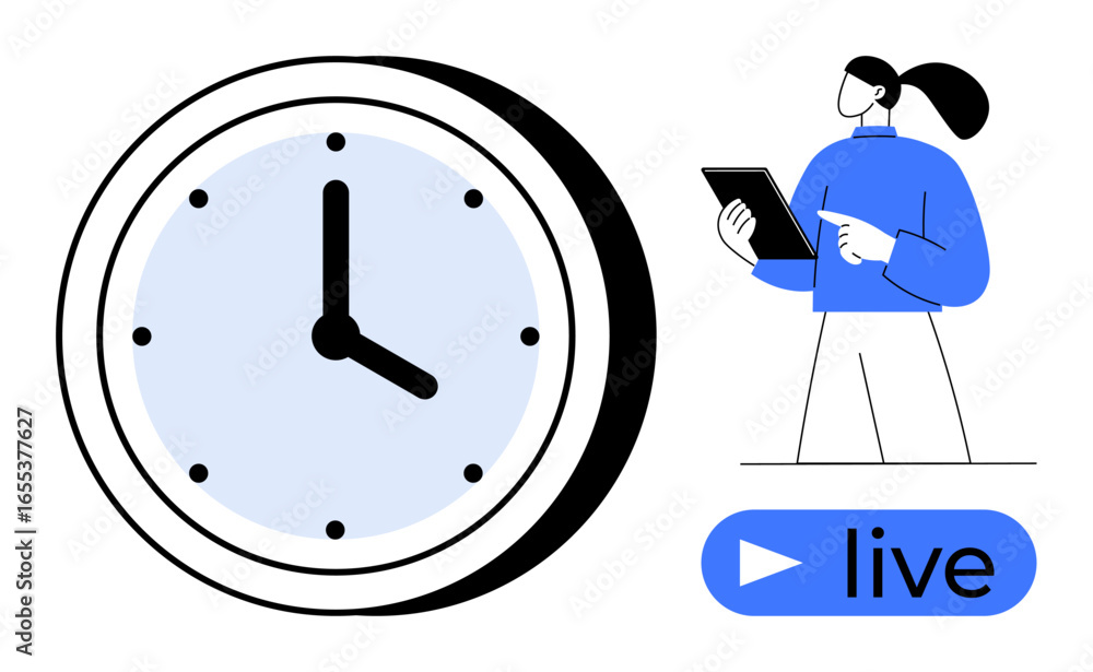 Poster clock representing scheduling, person holding tablet symbolizes creating or managing live content. i