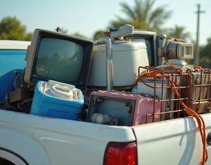 White pickup truck loaded with old, broken electronics and appliances. Includes vintage television, washing machine, and other scrap metal. Ready for recycling or disposal in sunny outdoor setting.