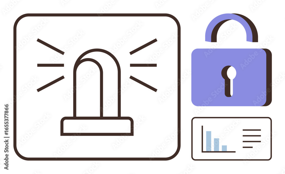 Poster alarm siren, lock representing cyber security, and a data chart symbolizing analysis. ideal for safe