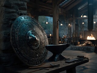 Ornate metal shield and tools inside a picturesque traditional blacksmith's forge