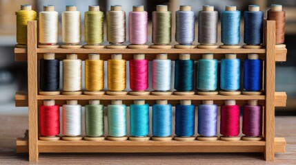 Colorful Collection of Sewing Threads on a Wooden Rack for Crafting and Tailoring Projects