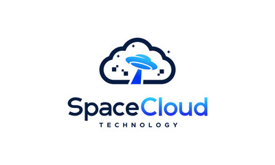 Obraz premium Modern Pixel Cloud logo designs concept vector, Cloud Tech logo template, Space Cloud Technology logo symbol icon template