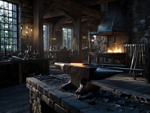 Traditional forge interior with glowing metal on anvil and blazing furnace