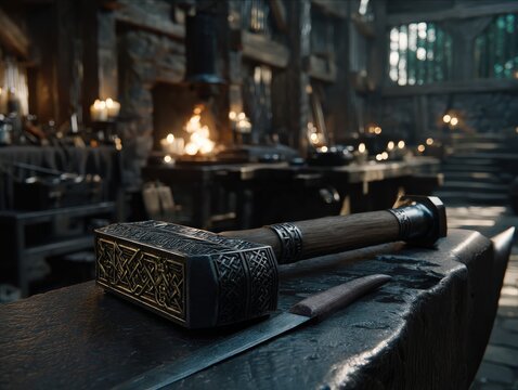 Ornate metal hammer on an anvil in a blacksmith forge environment