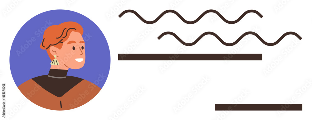 Aufkleber portrait of a smiling individual in circular frame with abstract wavy lines and horizontal bars. ide