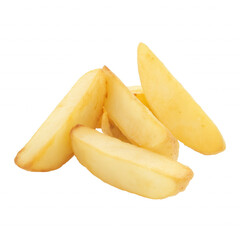 Cluster of triangular-cut potato wedges with natural yellowish-white flesh and slightly rough texture on transparent background