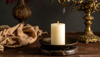 A lone, elegant white candle glows softly on a dark, ornate surface, casting a warm, inviting ambiance
