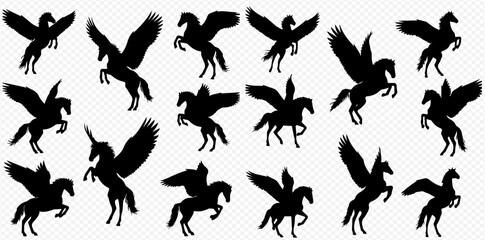 A collection of black silhouettes depicting mythical Pegasus and winged unicorns in various dynamic poses.
